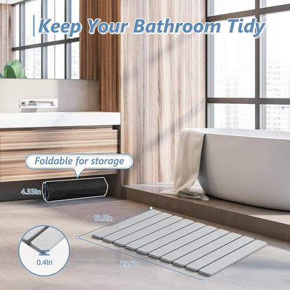 AWW Foldable Stone Bath Mat, Quick Dry Diatomaceous Earth Bath Mat with Non-Slip Mat, Super Absorbent, Easy to Clean, Compact for Small Bathrooms, 23.6 x 15.5, Grey