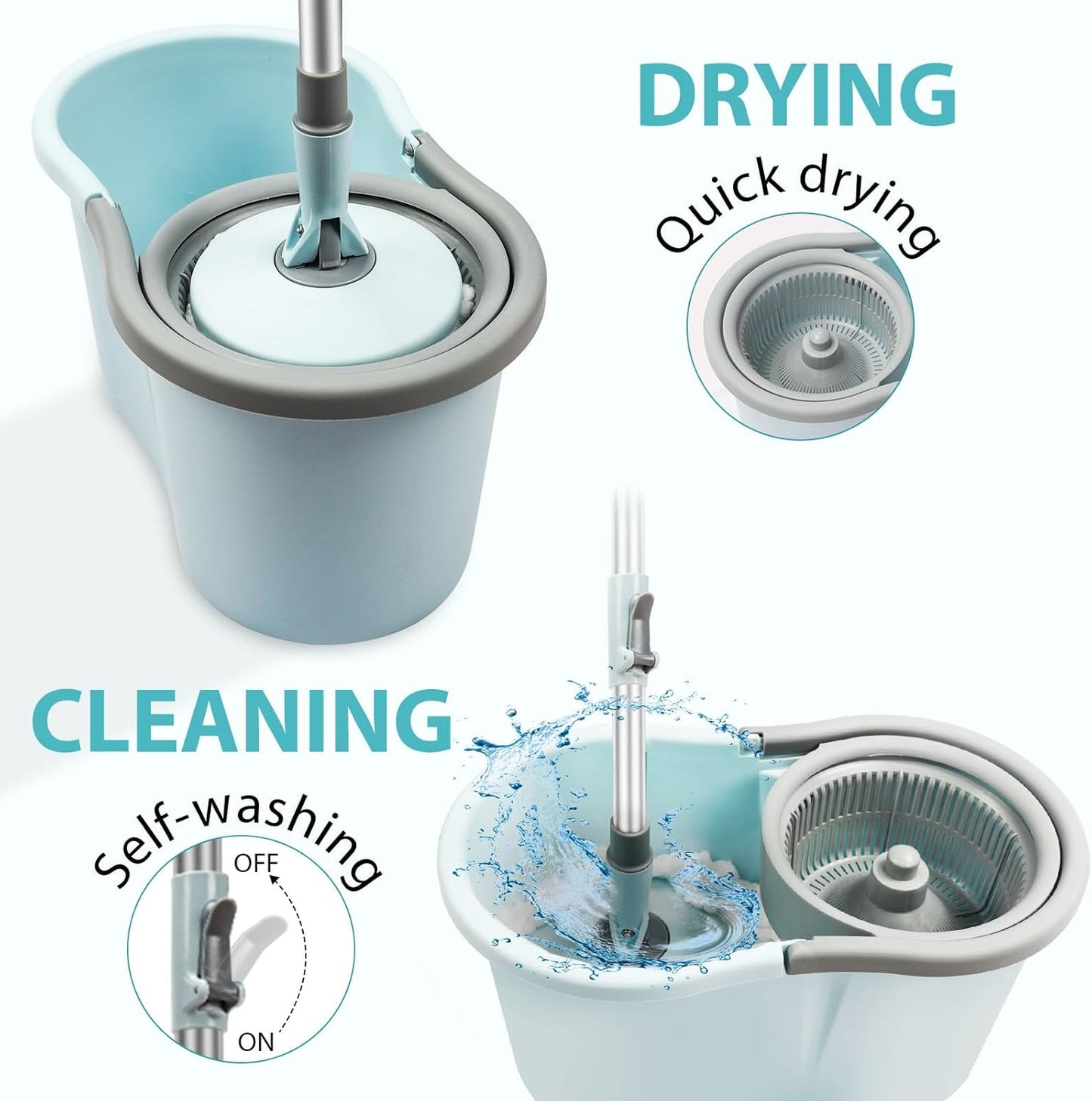 Spin Mop and Bucket with Wringer Set, 360° Spinning Mop Bucket System with 3 Microfiber Mop Replacement Heads, Adjustable Handle for Floor Cleaning (Green)