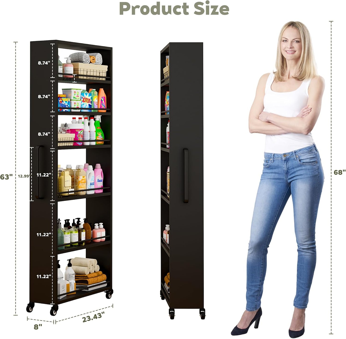 6-Tier Slim Rolling Storage Cart with Wheels, 8-Inch Deep Metal Utility Cart for Kitchen, Bathroom, Laundry, Craft Room – Narrow Design for Easy Organization and Mobility (Black)