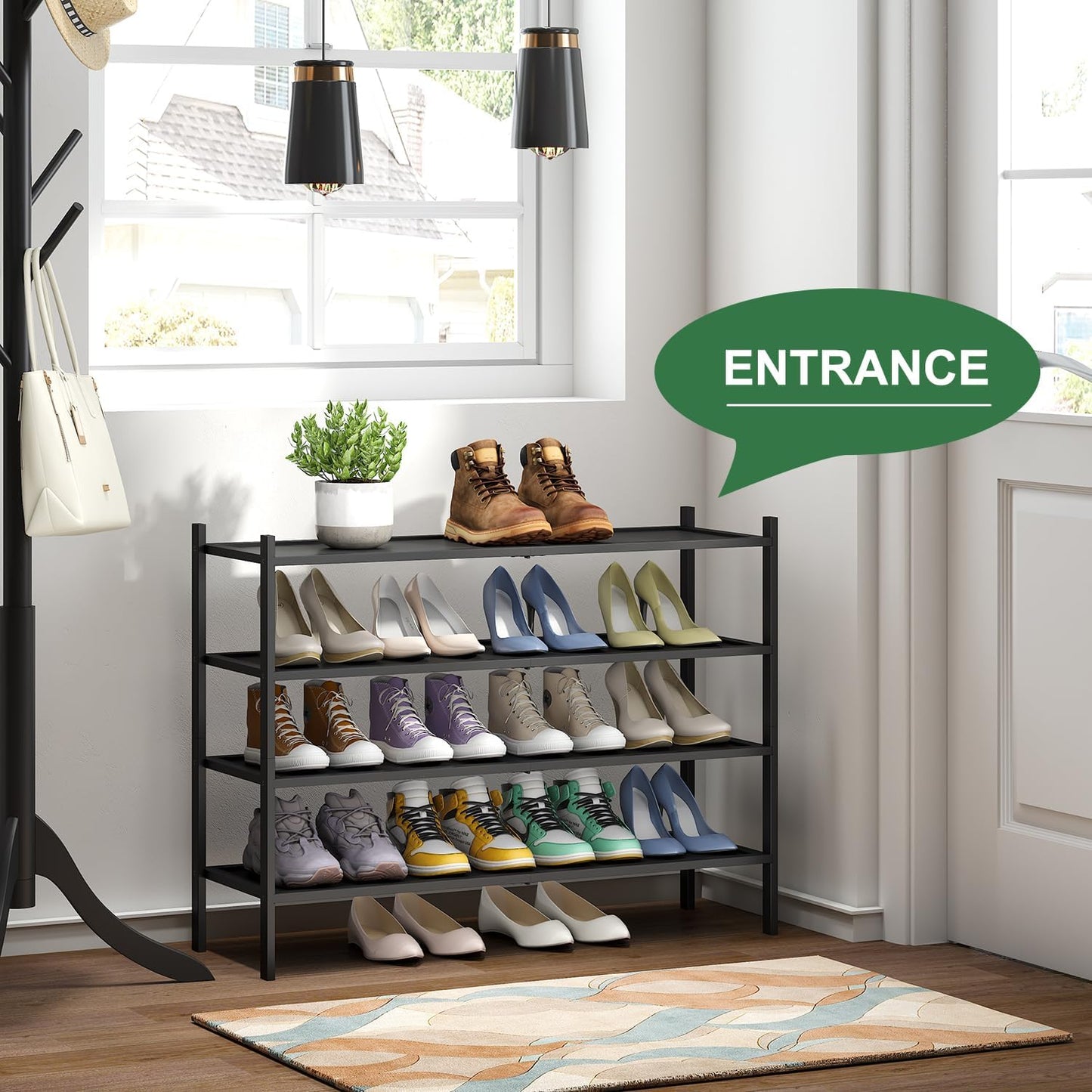 kiplant Small Shoe Rack, 4-Tier Bamboo Wood Shoe Rack for Entryway, Stackable Shoe Organizer for Hallway Closet, Free Standing Shoe Racks for Indoor & Outdoor