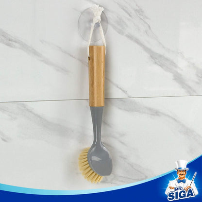MR.SIGA Dish Brush with Bamboo Handle Built-in Scraper, Scrub Brush for Pans, Pots, Kitchen Sink Cleaning, Pack of 2