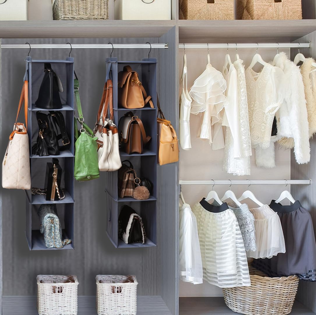 Hanging Closet Organizer Storage Shelf Rack Bag Sweater Hat Shoe | 59" Hang Closet Organization Storing Shelves Rack Display for Purse Handbag Clothes Space Saver Oxford Cloth Large Grey 2Pack