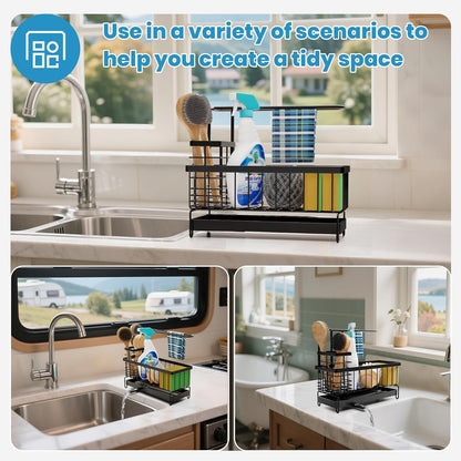 Kitchen Sink Caddy, Sponge Holder with Towel Holder, Kitchen Holder for Sink with 360 Degree Rotating Drain, Carbon Steel Rustproof, Kitchen Sink Caddy Sponge Holder for Gadgets and Decor