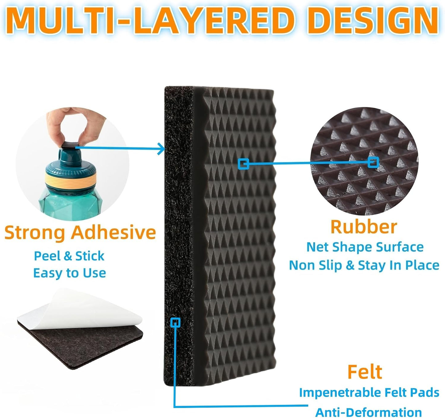 Non Slip Furniture Pads 1/2" x 3" Rubber Strips Self Adhesive Furniture Grippers Chair Leg Pads Rubber Chair Feet Anti Scratches Non Skid Furniture Pad Floor Protectors, 40 Pcs Rectangle