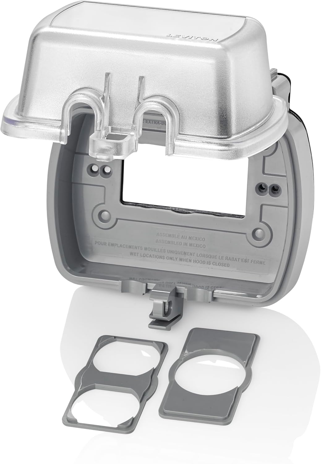 Leviton Weatherproof Outlet Box, Extra Duty 1-Gang While-In-Use Cover Includes Inserts for Single, Duplex and Decora/GFCI Receptacles, Vertical Mount, Plastic Enclosure, 5980-UCL, Clear
