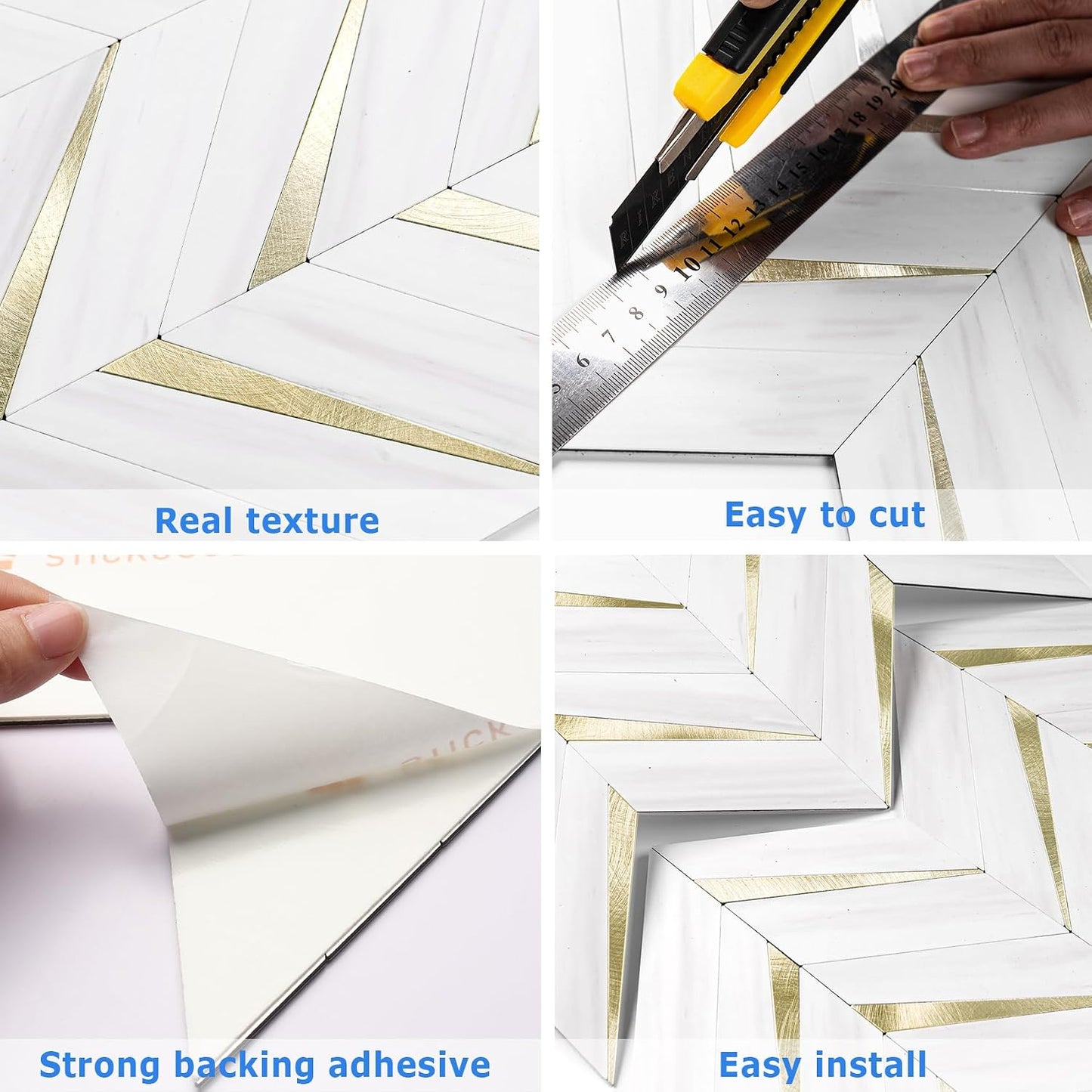 STICKGOO 10-Sheet Herringbone Tile Peel and Stick Backsplash, Beige Mixed Metal Gold PVC Stick on Backsplash, Self Adhesive Wall Tile for Kitchen and Bathroom