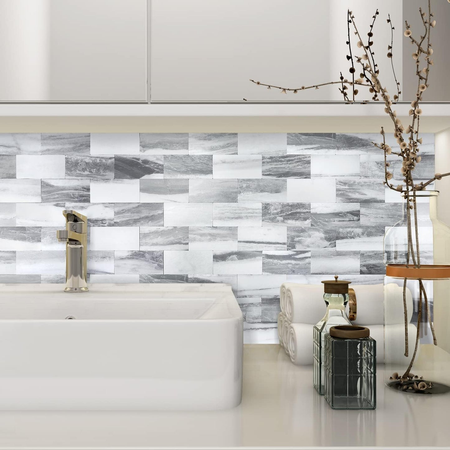 STICKGOO 10-Sheet Subway Tile Peel and Stick Backsplash, Seamless Design Polished Eurasia Beige Kitchen Backsplash Wall Tiles, Glossy Surface Waterproof Stick on Tile for Bathroom, RV, Fireplace