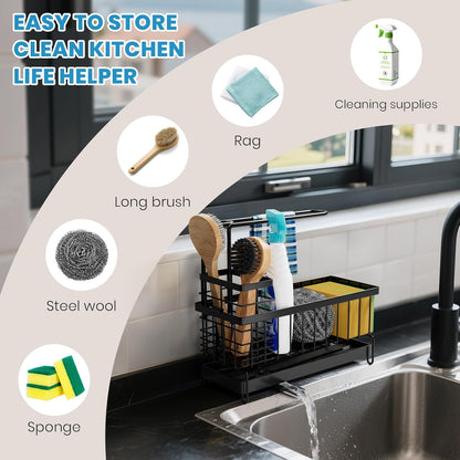 Kitchen Sink Caddy, Sponge Holder with Towel Holder, Kitchen Holder for Sink with 360 Degree Rotating Drain, Carbon Steel Rustproof, Kitchen Sink Caddy Sponge Holder for Gadgets and Decor