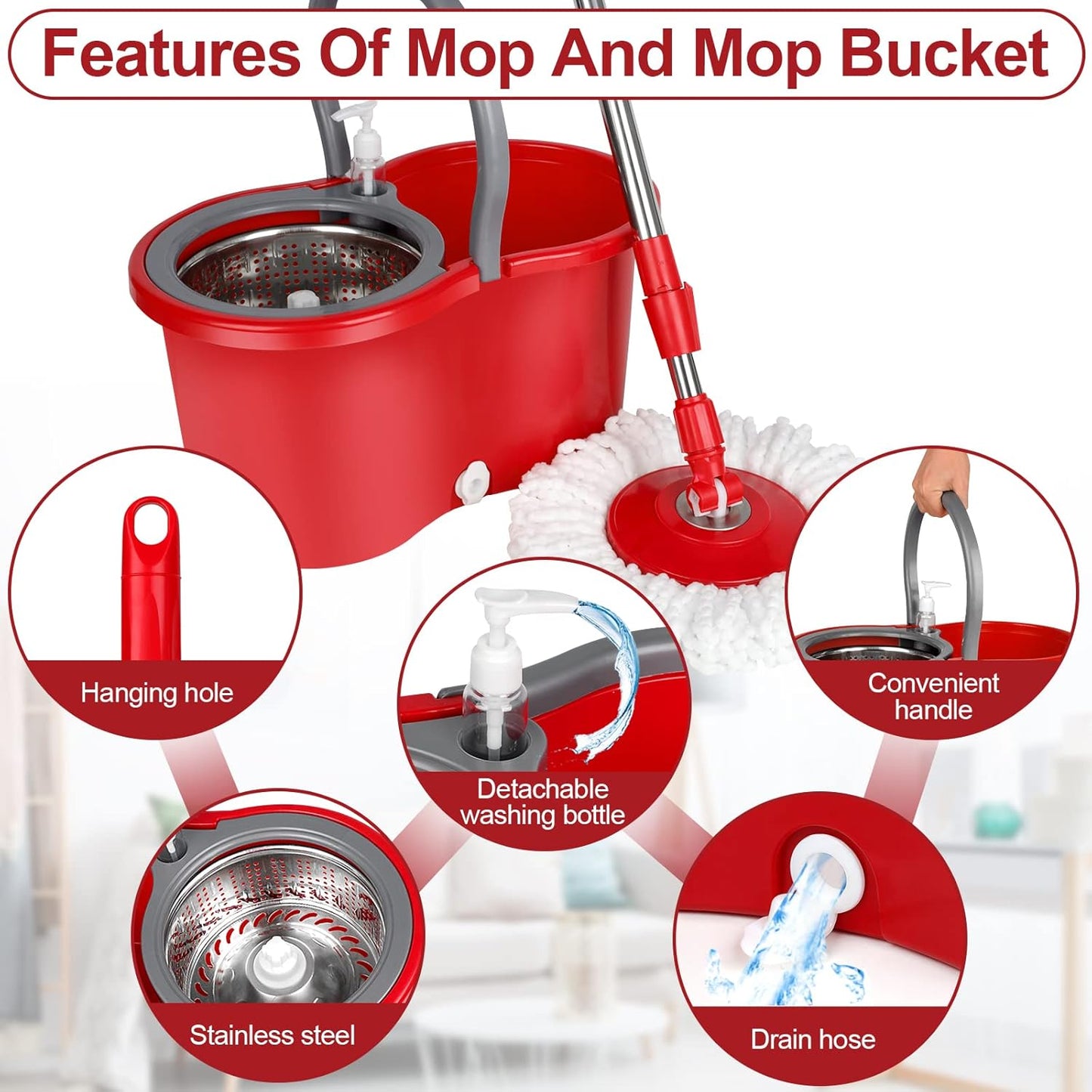 Spin Mop and Bucket with Wringer Set, 360° Spinning Mop Bucket System with 3 Microfiber Mop Replacement Heads and 50" Stainless Steel Adjustable Handle for Floor Cleaning