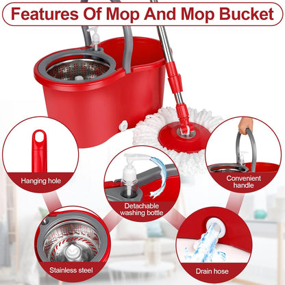 Spin Mop and Bucket with Wringer Set, 360° Spinning Mop Bucket System with 3 Microfiber Mop Replacement Heads and 50" Stainless Steel Adjustable Handle for Floor Cleaning
