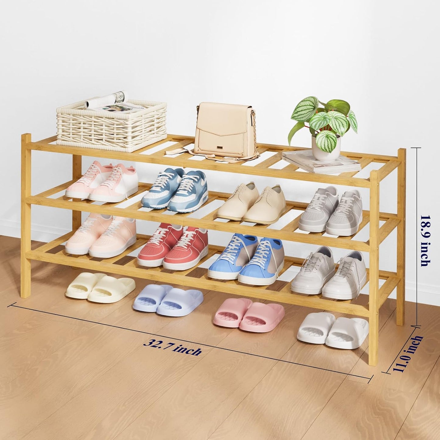 Kitsure Bamboo Wooden Shoe Rack for Closet - Stackable Shoe Organizer with Modular Structure, Space-Saving Shoe Shelf for Entryway, Living Room, Bedroom, 26.8" x 11" x 18.9", Natural
