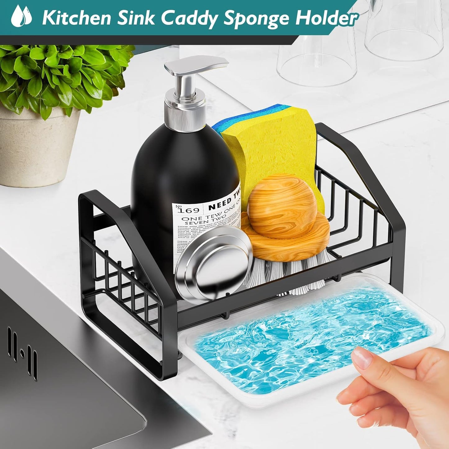 BSKSSK Sink Caddy,Sponge Holder for Kitchen Sink, Kitchen Bathroom Sink Organizer,304 Stainless Steel Kitchen Countertop Organizer Soap Tray with Removable Drain Tray Length Version - Silver