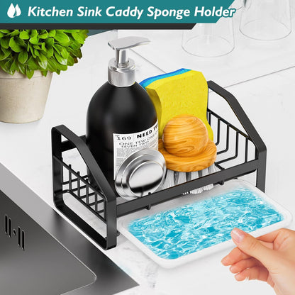 BSKSSK Sink Caddy,Sponge Holder for Kitchen Sink, Kitchen Bathroom Sink Organizer,304 Stainless Steel Kitchen Countertop Organizer Soap Tray with Removable Drain Tray Length Version - Silver