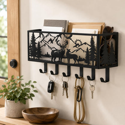 Deer Mountain Metal Key Holder Wall Mount Key Holder for Wall Rustic Cabin Decor Key Rack Hooks Hanger Woodland Wildlife Wall Art Entryway Organizer Housewarming Hunting Gifts