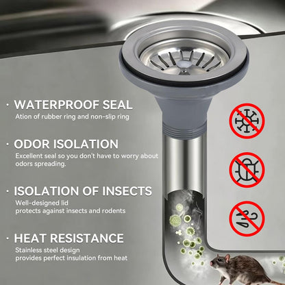 Premium 316 Stainless Steel Kitchen Sink Drain Assembly - 4.5" Strainer & Stopper with Deep Removable Basket, Adjustable Sliding Flange -cUPC Certified