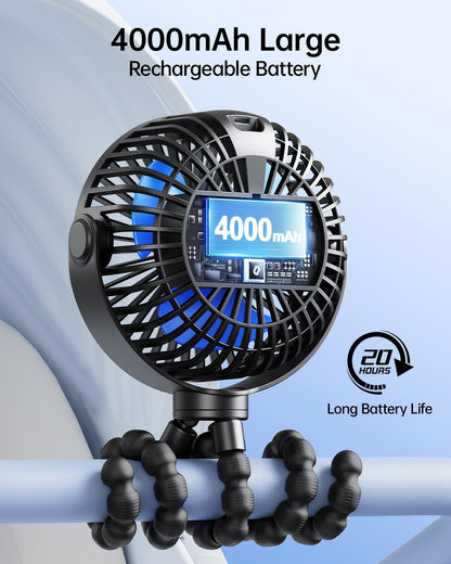 SWEETFULL [2026 Upgrade Portable Stroller Fan with LED Display, 4 Speed Rechargeable Mini Clip On Fan, 360° Rotate Flexible Tripod Better Cooling Small Baby Fan for Car Seat Crib Travel Treadmill