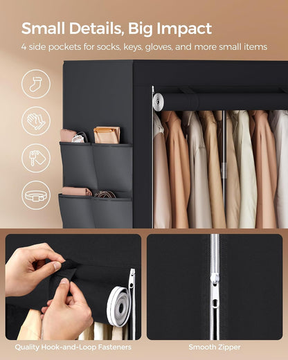 SONGMICS Portable Closet, Wardrobe Closet Organizer with Cover, 3 Hanging Rods and Shelves, 4 Side Pockets, 51.2 x 17.7 x 65.7 Inches, Large Capacity for Bedroom, Living Room, Ink Black URYG092B02
