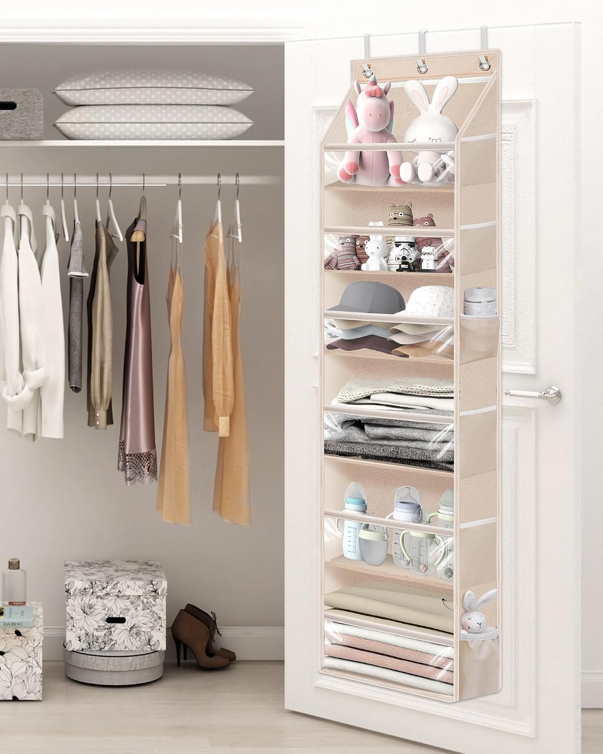 STORAGE MANIAC Over the Door Organizer 6-Shelf Closet Hanging Storage with 14 Mesh Pockets, 66lbs Capacity Clear Deep Pockets Behind Door Storage for Nursery, Bathroom, Bedroom, 1 Pack Grey
