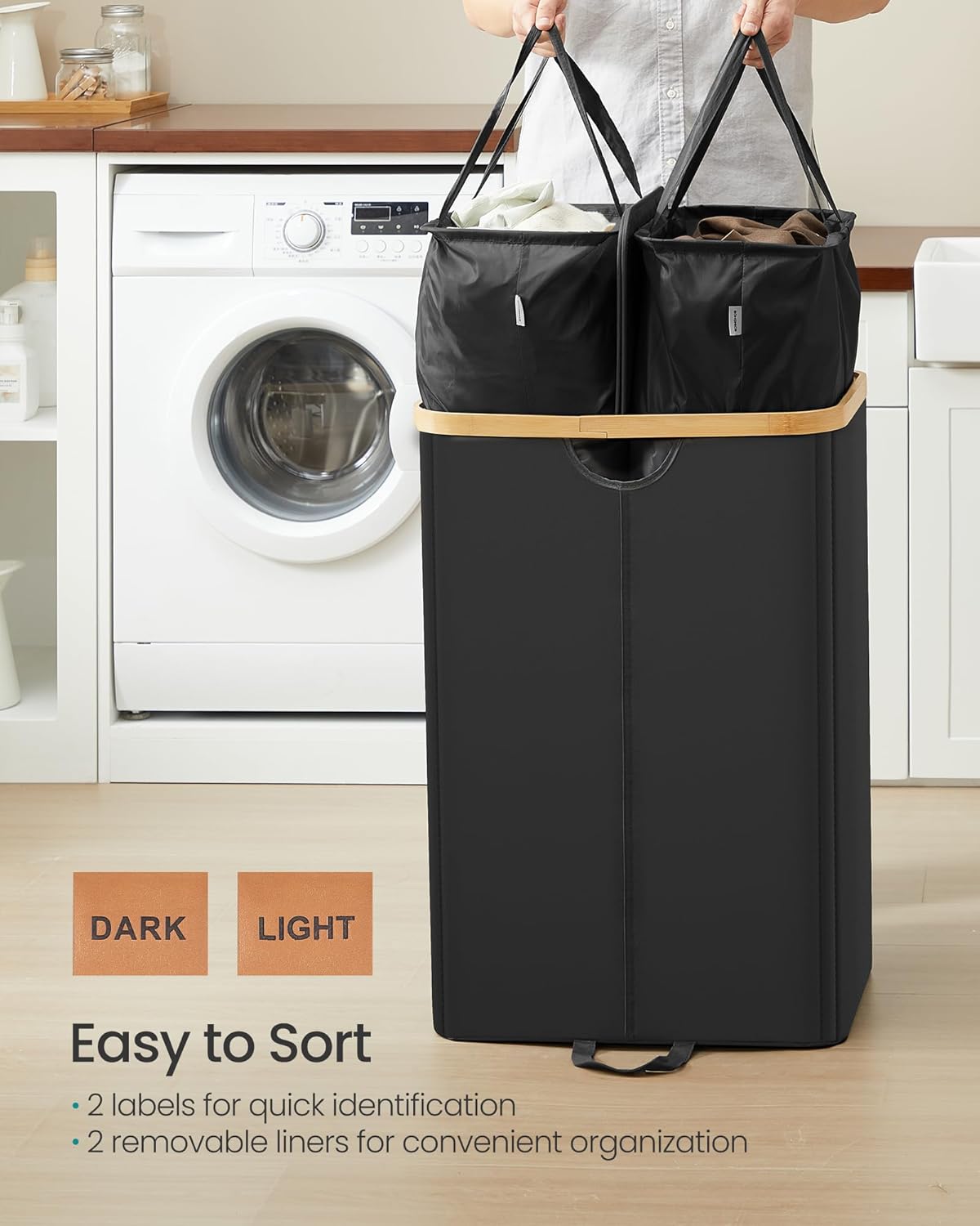 SONGMICS Laundry Hamper, Laundry Sorter with Lid, Storage Basket Bin, Removable Liners, Bamboo Frame, for Bedroom, 3 Sections, 44.9 Gal. (170 L), Ink Black ULCB533BH01