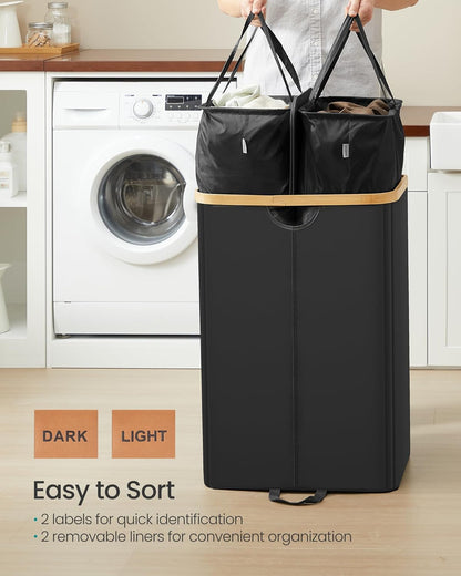 SONGMICS Laundry Hamper, Laundry Sorter with Lid, Storage Basket Bin, Removable Liners, Bamboo Frame, for Bedroom, 3 Sections, 44.9 Gal. (170 L), Ink Black ULCB533BH01