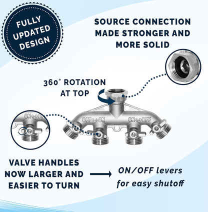 Morvat Heavy Duty Nickel Plated Brass 2 way Y Splitter Garden Hose Hexagonal Connector with Comfortable Grip Shut Off Valves, Adapter for Water Tap, Outlet, & Spigot, Includes 2 Extra Rubber Washers