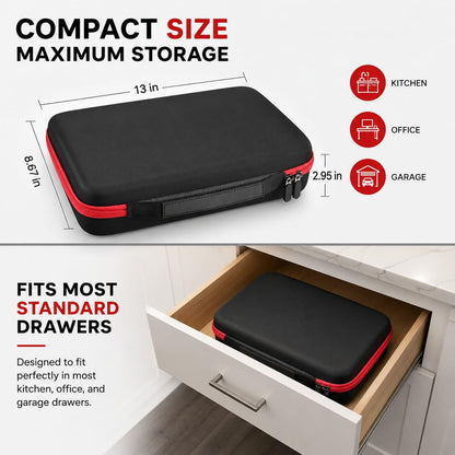 Comecase Battery Storage Case with Tester, Holds 148+ AA AAA C D 9V, Black | Hard-Shell Design, Carry Handle and Custom Foam Slots Keep Batteries Visible, Separated and Ready for Home, Garage or Office