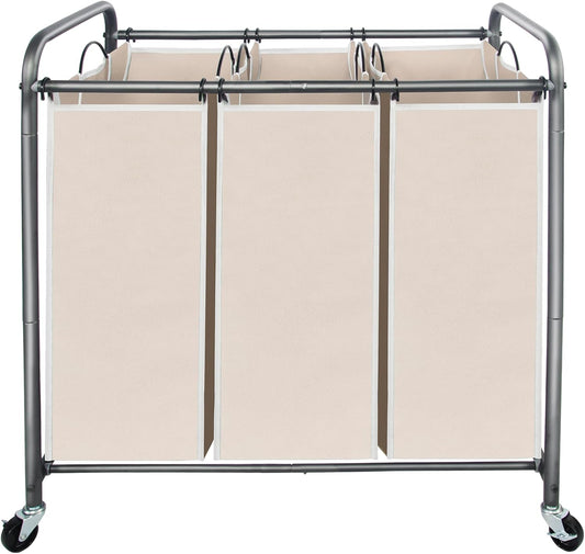 STO STO Laundry Sorter 3 Section, 3 Bag Clothes Hamper, Rolling Laundry Cart Basket with Heavy Duty Lockable Wheels and Removable Bag for Laundry Room, Bedroom, Closet, Gray
