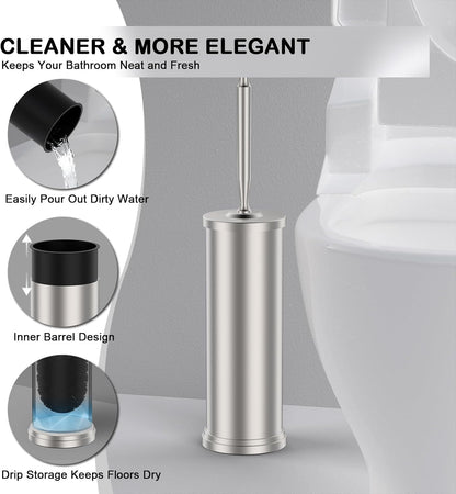 Stainless Steel Toilet Brush and Holder Set : Weighted Stable Base, Removable Inner Tube.Long Handle Toilet Bowl Brush Splash-Proof Design for Deep Cleaning & Space-Saving Storage,Nickel