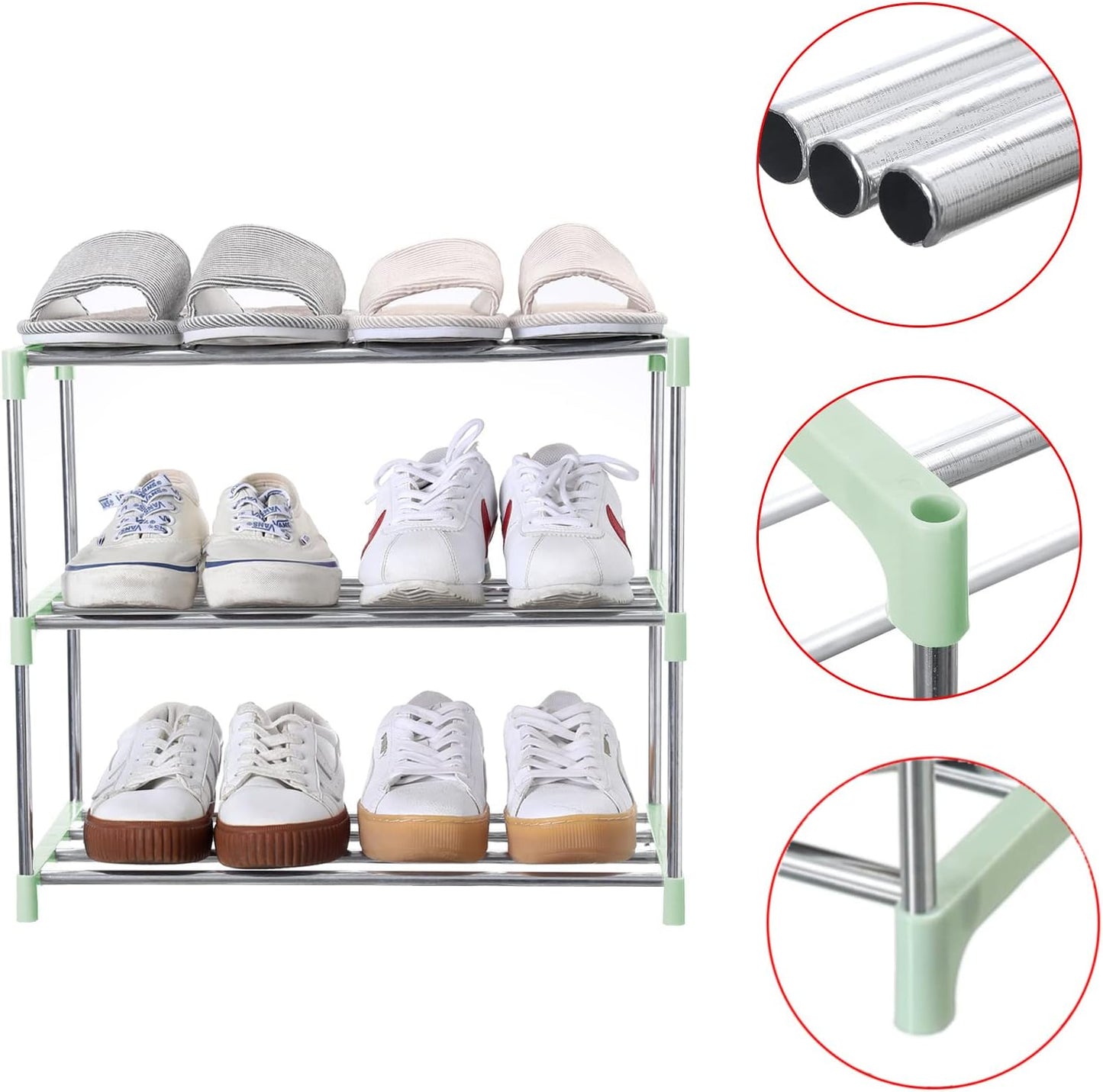 Jucaifu Stackable Small Shoe Rack, Entryway, Hallway and Closet Space Saving Storage and Organization (3-Tier, White)