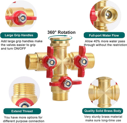 BoArt Brass Garden Hose Splitter 2 Way Heavy Duty, Y Valve Hose Splitter With Stainless Steel Long Handle, 3/4" GHT Thread Y Valve Water Garden Hose Tap Adapter