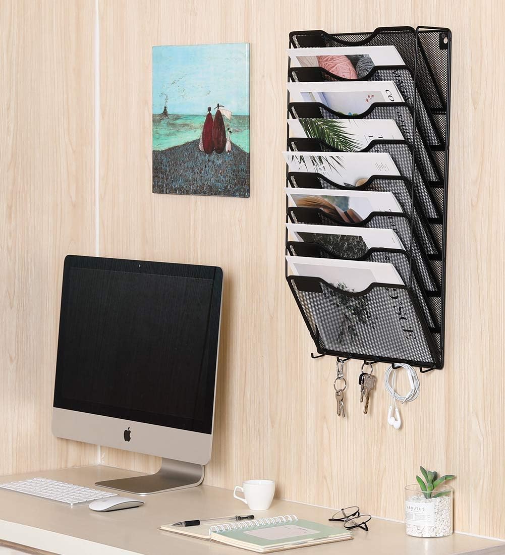 EasyPAG 5 Pocket Mesh Wall File Organizer with Key Hooks, Hanging Paper Folder Holder with Classify Label, Vertical Wall Mount Mail Organizer for Office Home Classroom, Black