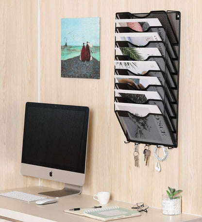 EasyPAG 5 Pocket Mesh Wall File Organizer with Key Hooks, Hanging Paper Folder Holder with Classify Label, Vertical Wall Mount Mail Organizer for Office Home Classroom, Black