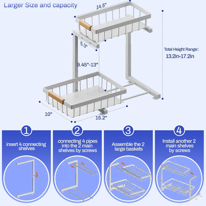 ADBIU Under Sink Organizer 2 Pack, Adjustable Height (11"-15.75") Under Cabinet Storage, 2 Tier Pull Out Sliding Drawers for Kitchen Bathroom, Heavy Duty Metal Shelf, White