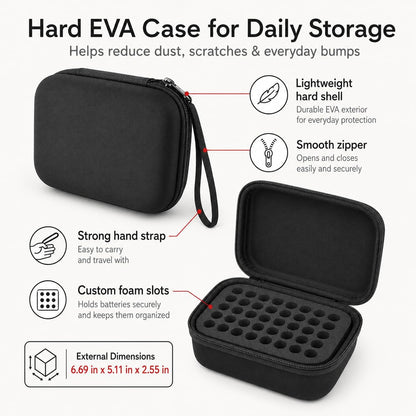 Comecase Battery Storage Case with Tester, Holds 148+ AA AAA C D 9V, Black | Hard-Shell Design, Carry Handle and Custom Foam Slots Keep Batteries Visible, Separated and Ready for Home, Garage or Office