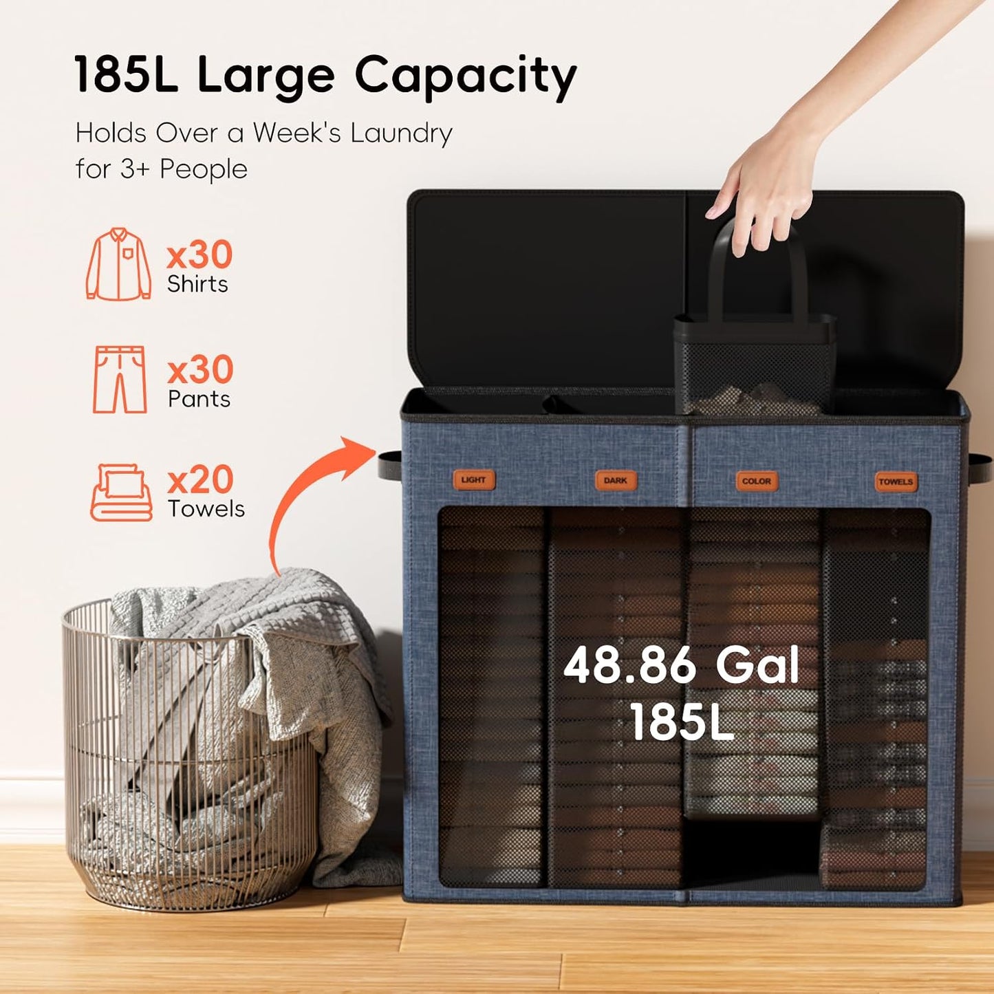 185L Laundry Hamper 3 Section, Laundry Hamper with Lid, Dirty Clothes Hamper with 3 Removable Washing Bags, Extra Large Laundry Basket Organizer for Bedroom, Laundry Room, Dorm - Black