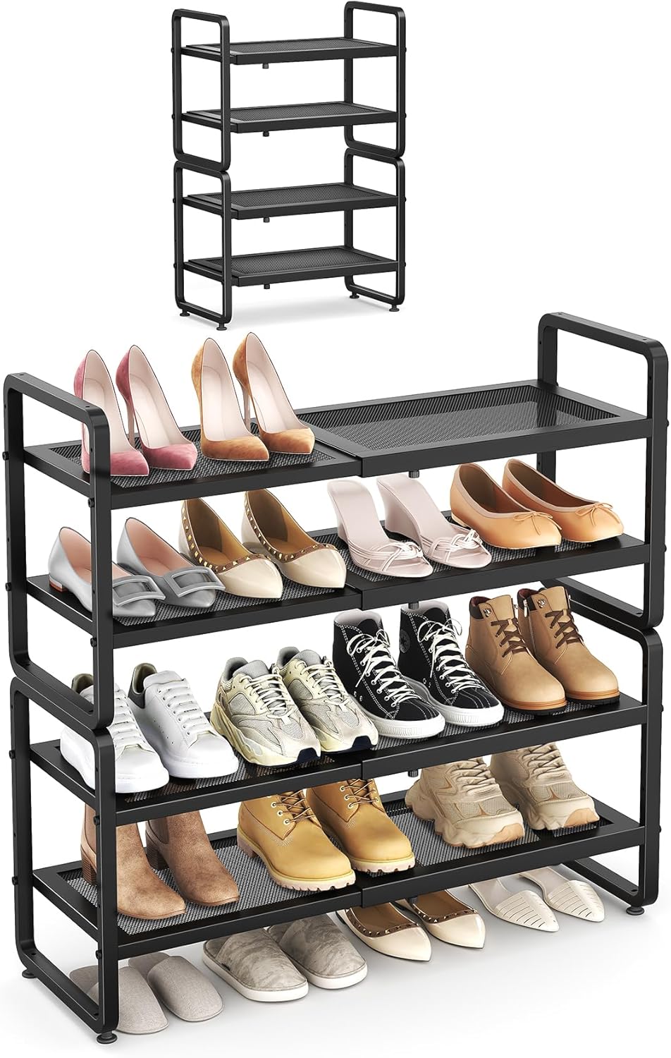 SAYZH Expandable Shoe Rack for Closet, Adjustable Metal Shoe Organizer with Sturdy Mesh Shelves for Boots & Heels, Stackable Shoe Storage for Entryway, Garage, Small Spaces (Black, 2-Tier)