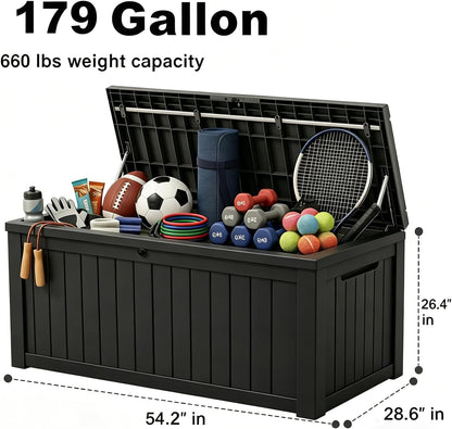 MAKINO 152 Gallon Resin Outdoor Storage Box, Waterproof Deck Box with Lockable Lid, Outside Storage Box for Patio Furniture, Pool Accessories, Garden Tools, Storage Bench for Backyard, Porch, Black