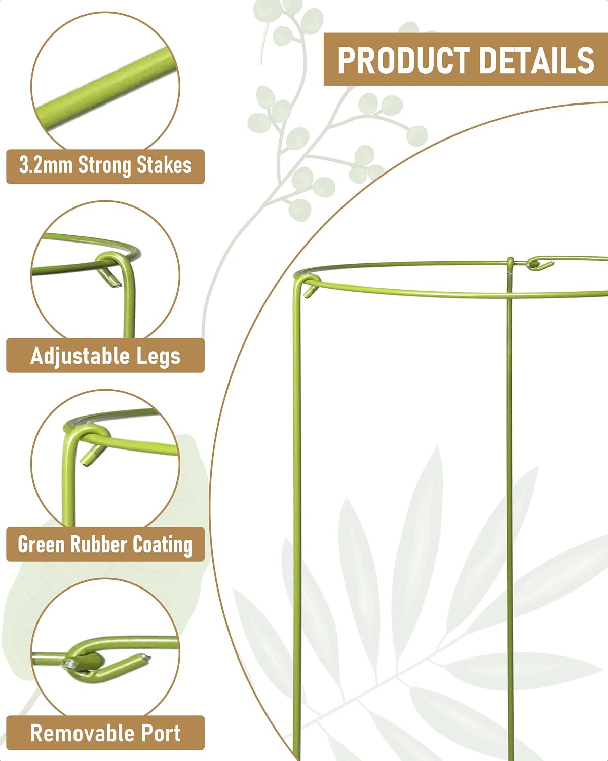 3-Pack Heavy Duty Plant Support Stakes, Metal Plant Ring Cages for Indoor Outdoor Plants, Adjustable Garden Stakes for Orchids, Monstera, Pothos, Hydrangea, Vines & Potted Plant (10" W x 17" H)