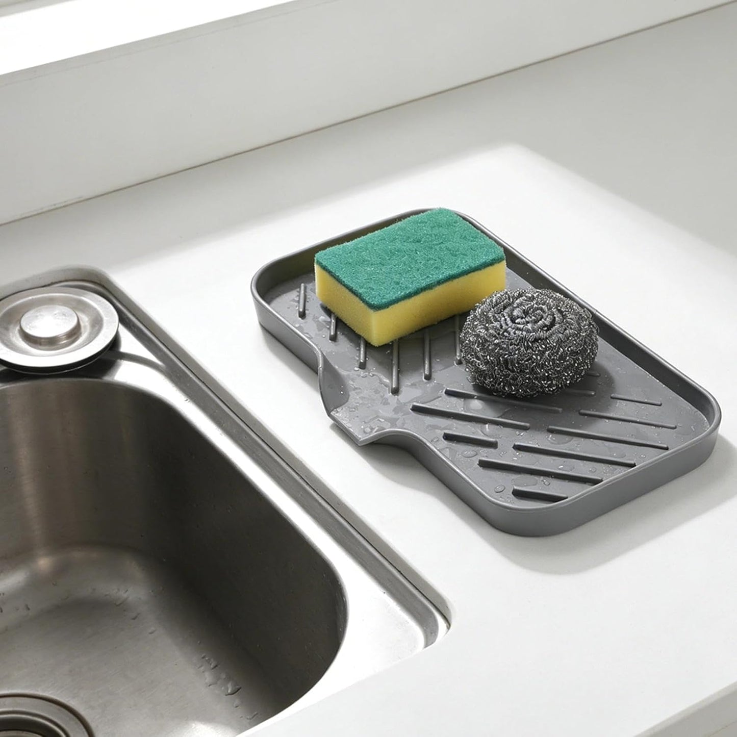 Silicone Sink Caddy Soap Dish with Drain Spout, 2-Pack Sponge Holder Tray for Kitchen & Bathroom Counter, 9.6"×5.3", Raised Ridges, Non-Slip, Easy-Clean, Grey