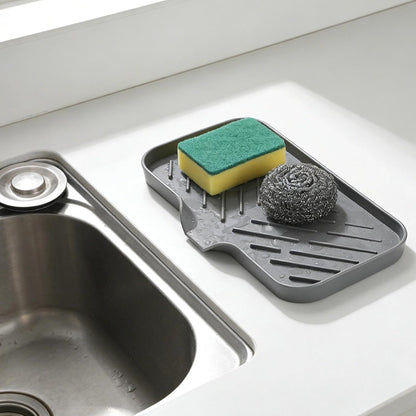 Silicone Sink Caddy Soap Dish with Drain Spout, 2-Pack Sponge Holder Tray for Kitchen & Bathroom Counter, 9.6"×5.3", Raised Ridges, Non-Slip, Easy-Clean, Grey