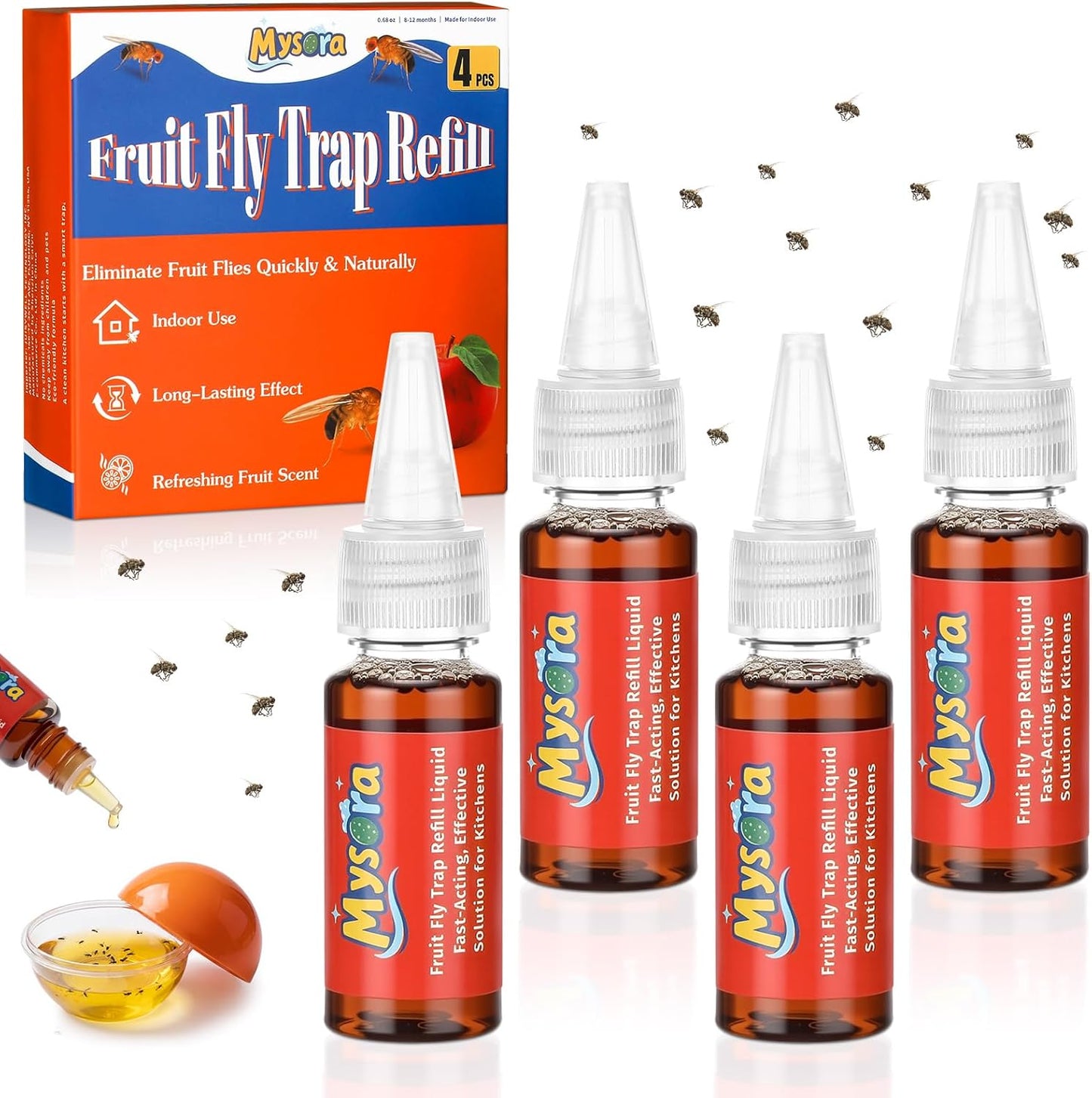 4 Pack Fruit Fly Trap Refill Liquid, 0.68 Ounces Per Bottle, Effective Fruit Fly Bait Refill, Suitable for Indoor Use, Kitchen Countertops, and Home Environments, Non-Toxic