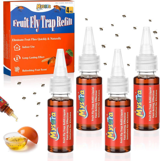 4 Pack Fruit Fly Trap Refill Liquid, 0.68 Ounces Per Bottle, Effective Fruit Fly Bait Refill, Suitable for Indoor Use, Kitchen Countertops, and Home Environments, Non-Toxic