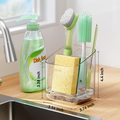Minimalist Sponge Holder for Kitchen Sink, 3 Slots Sink Caddy with Removable Divider and Drip Tray, Clear PET Countertop Organizer to Free up Kitchen Sink Space