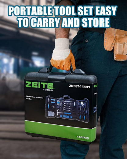 Zeite Tool Kit for Home, 144 Piece Hand Tool Set with Storage Box, General Basic Repair Tool Set with Hammer, Pliers, Wrenches, Voltage Tester, Measure Tape, Screwdriver Bits