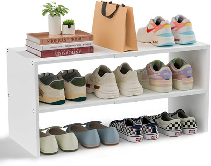 White Shoe Rack Organizer for Closet, 2-Tier Expandable Shoe Shelf, Stackable Iron Wood Combination Small Shoe Racks Shelves for Closets, Entryway,Small Space,Hallway,Bedroom,Bathroom,6-12 Pairs
