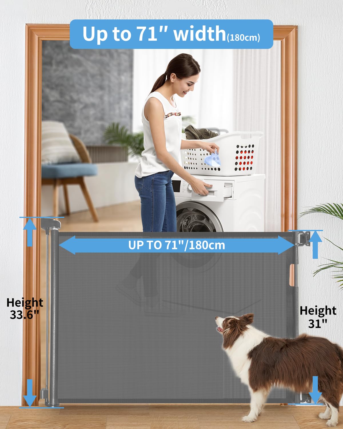 Veraste Retractable Baby Gate for Doorways and Stairs, Mesh Safety Gate for Pet, Indoor & Outdoor Use, One-Hand Operation, Easy Installation, 33.6" Tall, Expands to 55" Wide（White,33.6"x55"