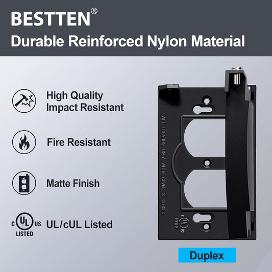 BESTTEN 3 Pack Horizontal Outdoor Outlet Cover for Duplex Receptacles, Weatherproof Design Auto-Closing Lid, Black, UL Listed, H4.65” x W2.87” x D0.71”
