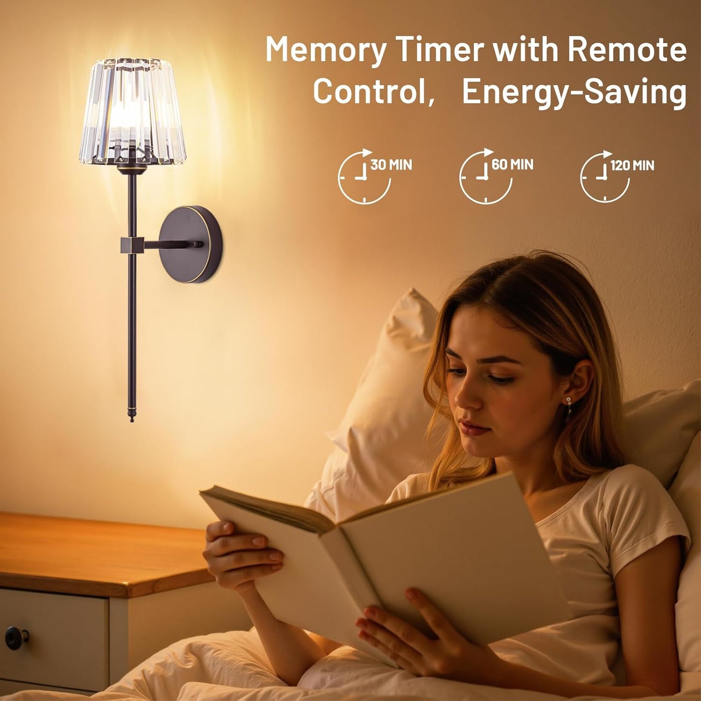 Crystal Battery Operated Wall Sconces Set of 2, Gold Rechargeable Wireless Wall Sconce Lights with Crystal Lampshade, 12 RGB and 3CCT Dimmable Wall Lamps with Remote for Bedroom Living Room Hallway