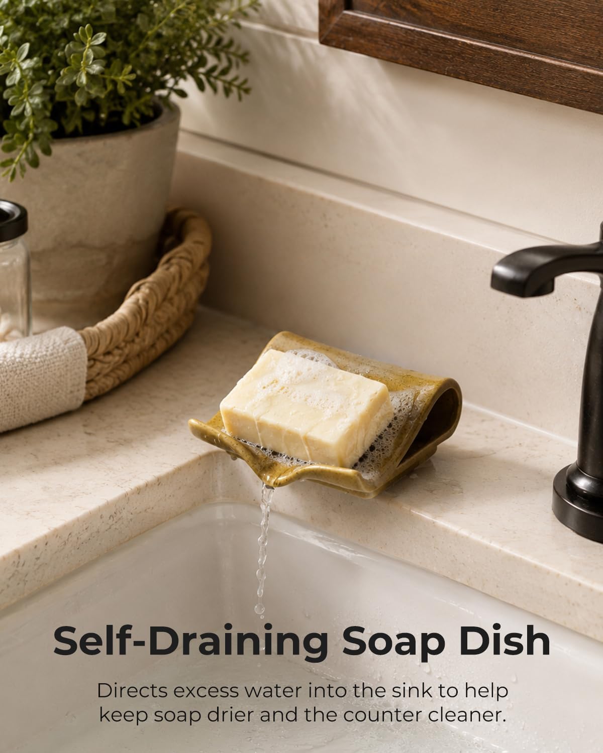 Zoeeker Self-Draining Soap Dish, Ceramic Soap Holder with Drain Spout Waterfall Drying Tray for Shower Bathroom Kitchen Sink Bathtub, Keep Soap Bars Dry, Blue