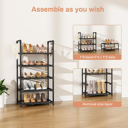 LANTEFUL 10 Tiers Tall Shoe Rack 20-25 Pairs Boots Organizer Storage Sturdy Narrow Shoe Shelf for Entryway, Closets with Hooks, Black